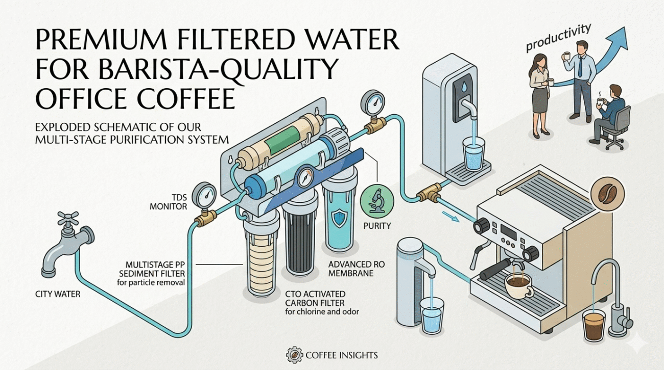 Exploded view of a multi-stage purification system providing premium filtered water for barista-quality office coffee in a professional environment.