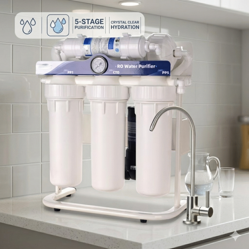 5-stage RO water purifier on a white countertop delivering premium filtered water for barista-quality office coffee at work.