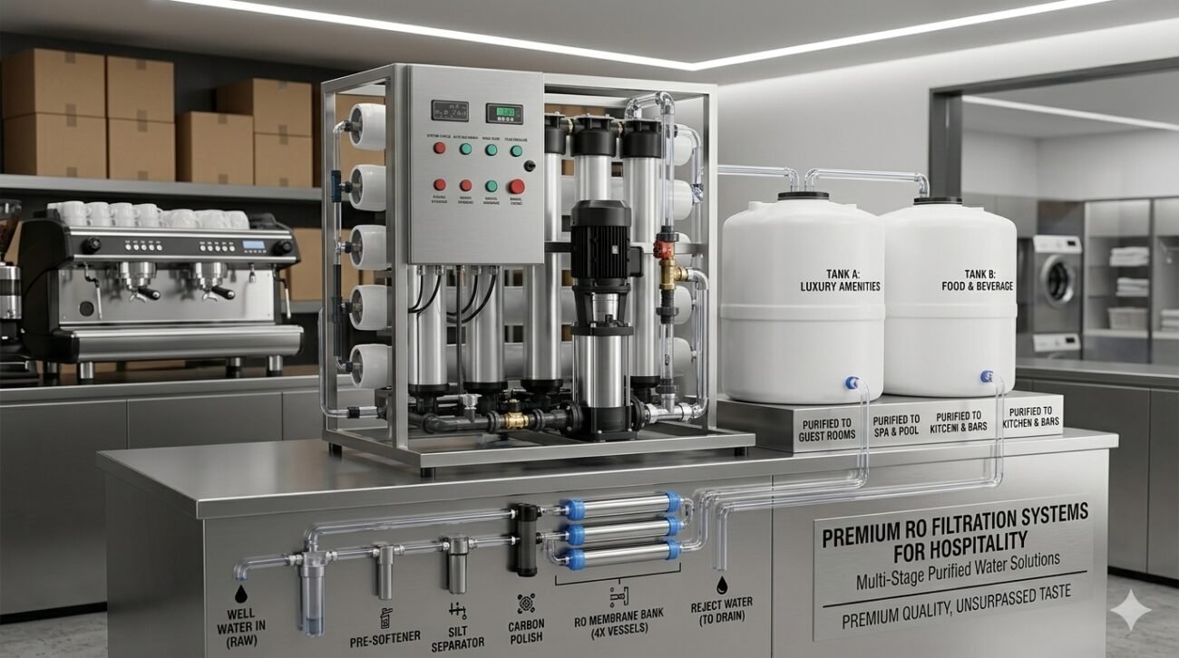 Professional installation of premium RO filtration systems for hospitality showing a large-scale commercial reverse osmosis unit with dual storage tanks for luxury hotel and restaurant water supply.