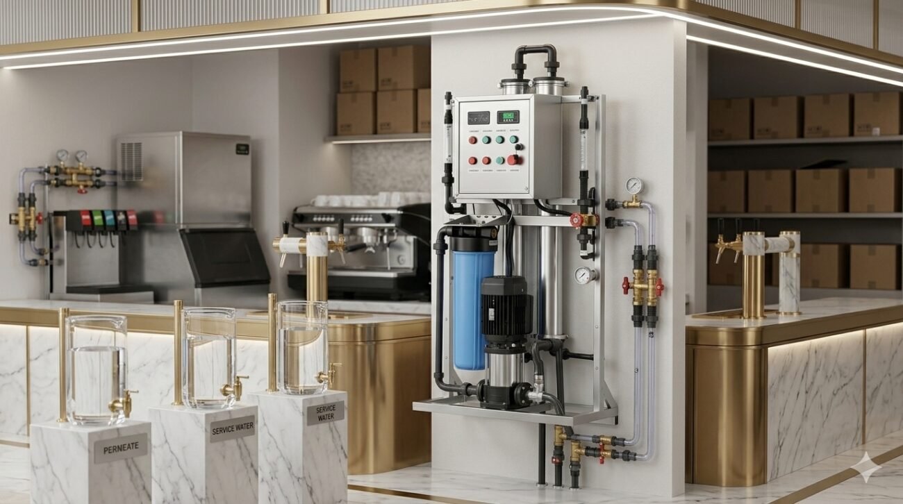 Commercial floor-mounted premium RO filtration systems for hospitality integrated into a modern high-end cafe and bar background with clean piping for purified drinking water.