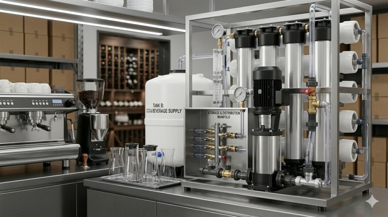 Technical setup of premium RO filtration systems for hospitality featuring high-pressure vertical pumps and stainless steel membrane vessels for consistent high-purity water in food and beverage services.