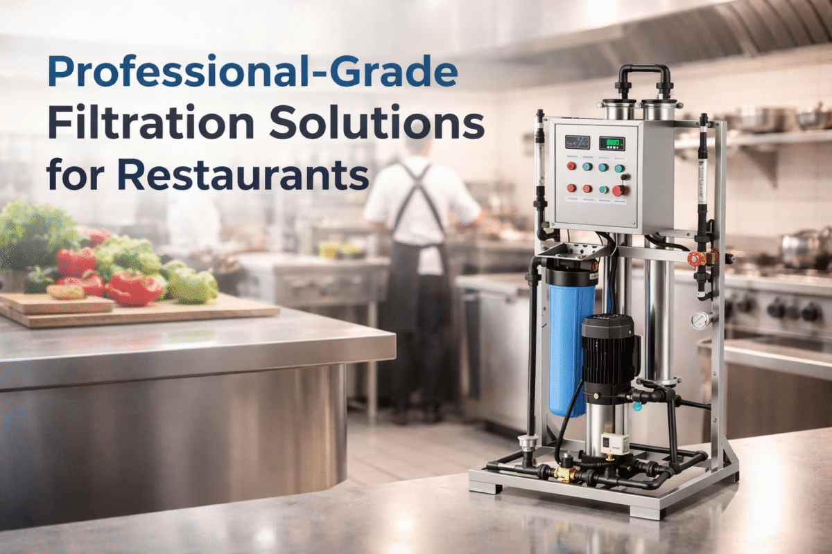 Professional-grade filtration solutions for restaurants header image showing a high-performance RO water system in a busy commercial kitchen background.