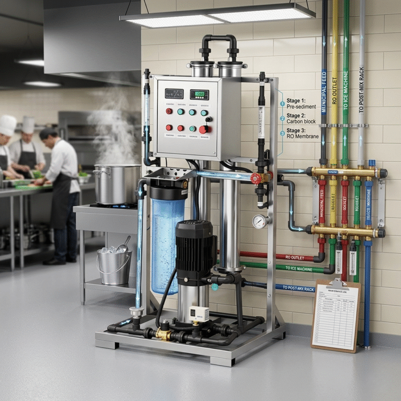 Professional-grade filtration solutions for restaurants shown with a 3-stage RO system and color-coded piping for ice machines and beverage racks.