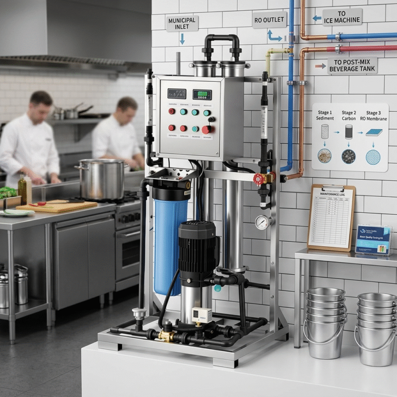 Installation of professional-grade filtration solutions for restaurants featuring a maintenance log and filtration process diagram in a commercial kitchen.