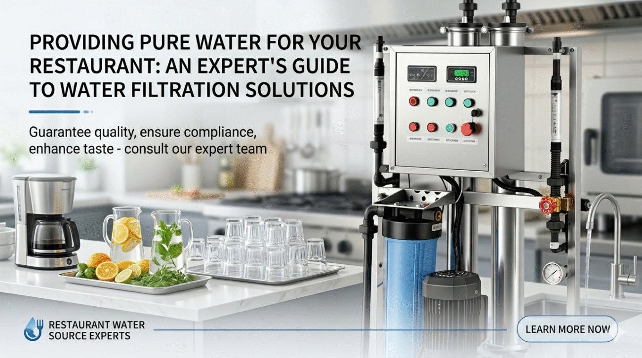 Professional restaurant water filtration supplier banner showcasing a commercial RO system in a modern kitchen with pure water and coffee.