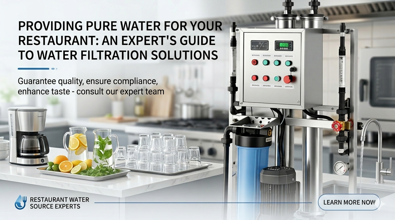 Professional restaurant water filtration supplier banner showcasing a commercial RO system in a modern kitchen with pure water and coffee.