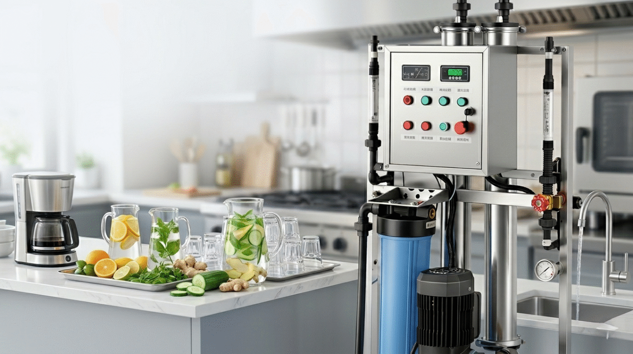 High-capacity commercial reverse osmosis system by a restaurant water filtration supplier for clean drinking water in cafes and small businesses.