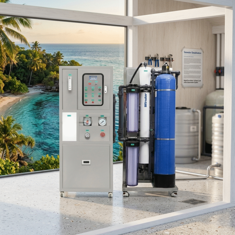 Sustainable seawater desalination system manufacturer & supplier equipment providing clean drinking water for remote island resorts and coastal communities.
