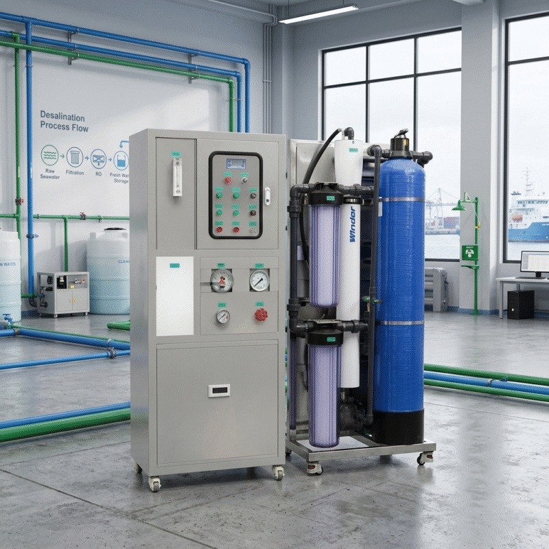 Advanced process flow of a seawater desalination system manufacturer & supplier unit installed in a modern water treatment facility for pure water output.