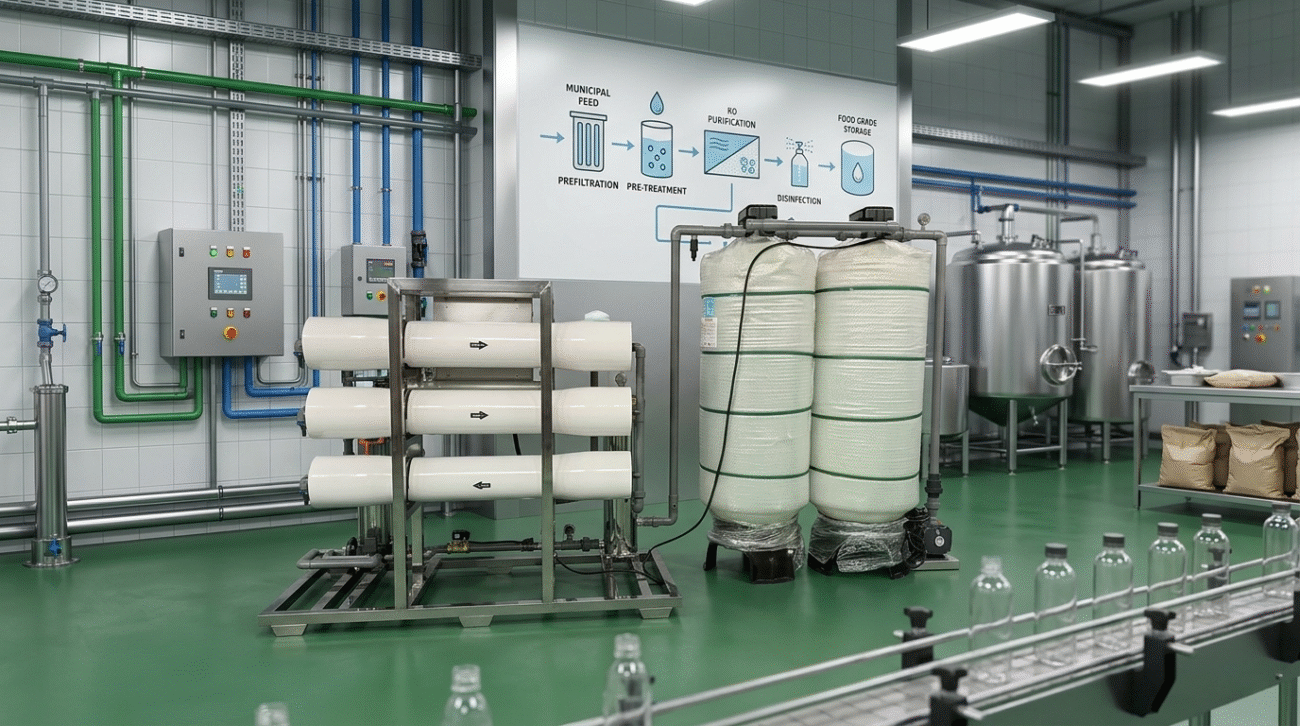 Advanced water filtration for food and beverage industry shown in a high-tech bottling plant with stainless steel tanks and automated conveyors.