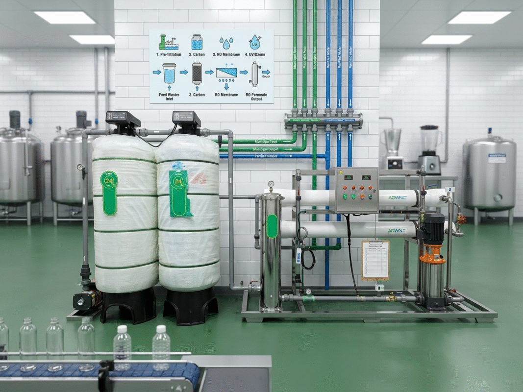 Multi-stage water filtration for food and beverage industry featuring a comprehensive process schematic from pre-filtration to disinfection in a cleanroom.