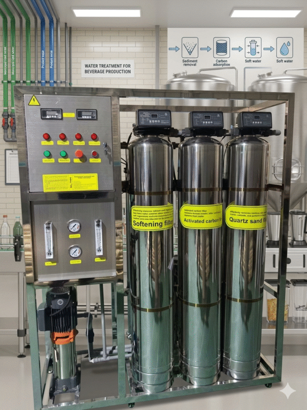 Integrated water filtration for food and beverage industry with softening and activated carbon tanks for high-purity ingredient water production.