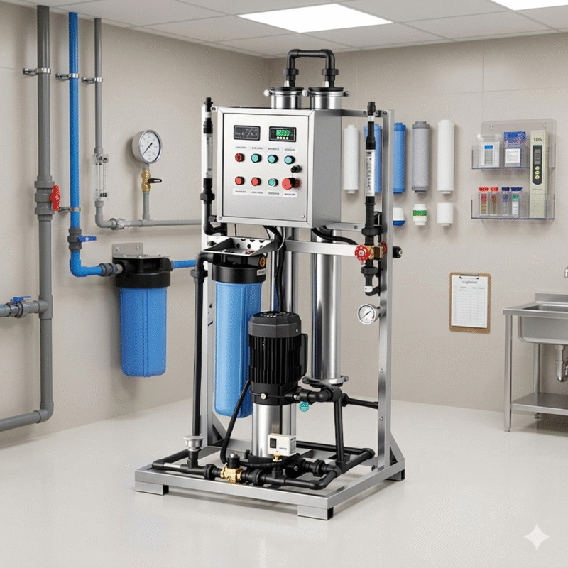 A commercial water purification machine for business installed in a bright modern facility for manufacturing and utility use.