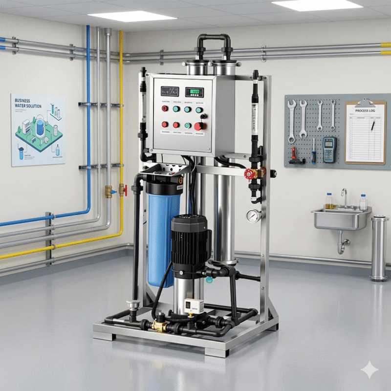 Detailed view of an advanced water purification machine for business in a professional maintenance room with organized equipment.