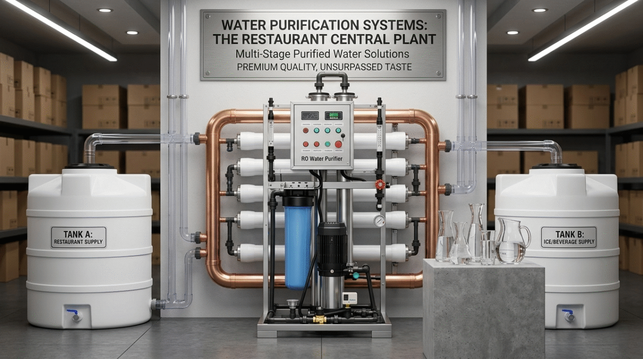 Heavy-duty water purification systems for professional kitchens featuring a floor-mounted reverse osmosis unit with multi-stage filtration and dual storage tanks for consistent restaurant water supply.