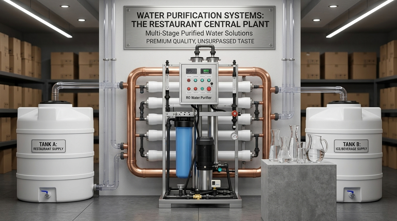Heavy-duty water purification systems for professional kitchens featuring a floor-mounted reverse osmosis unit with multi-stage filtration and dual storage tanks for consistent restaurant water supply.
