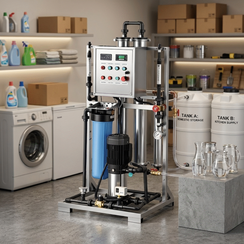 Advanced residential water purification systems featuring reverse osmosis filters, high-pressure pump, and domestic storage tanks.