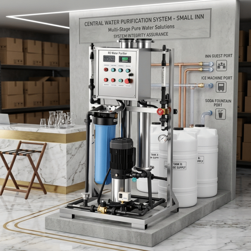 Heavy-duty water purification systems for a small inn with a stainless steel multi-stage reverse osmosis unit, connected storage tanks, and distribution lines.