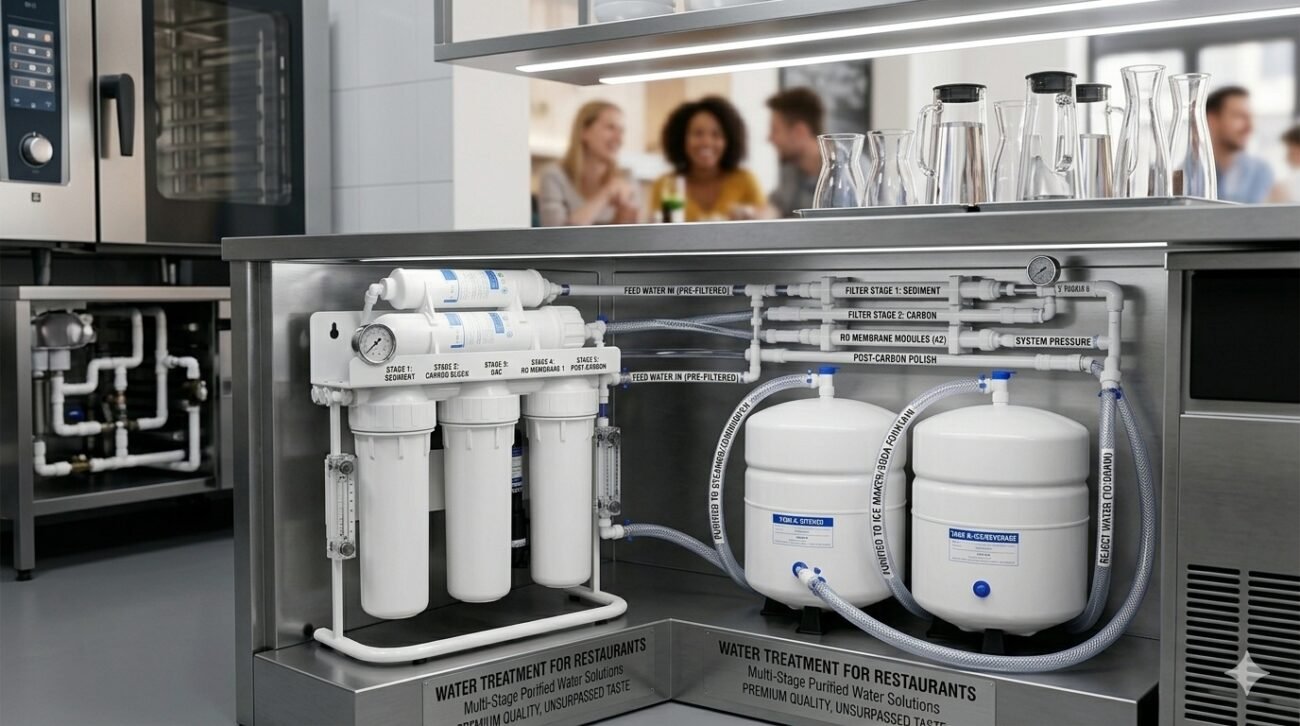 Professional water treatment for restaurants featuring a 5-stage commercial RO system integrated into a stainless steel kitchen workstation with dual storage tanks for high-volume service.