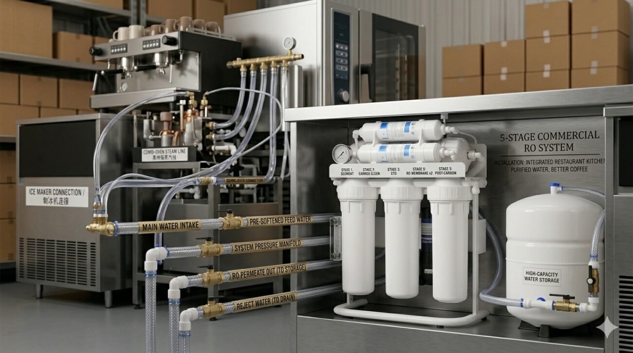 Technical installation of water treatment for restaurants showing a multi-stage commercial filtration unit with complex manifold piping connected to industrial espresso machines and ice makers in a busy kitchen.