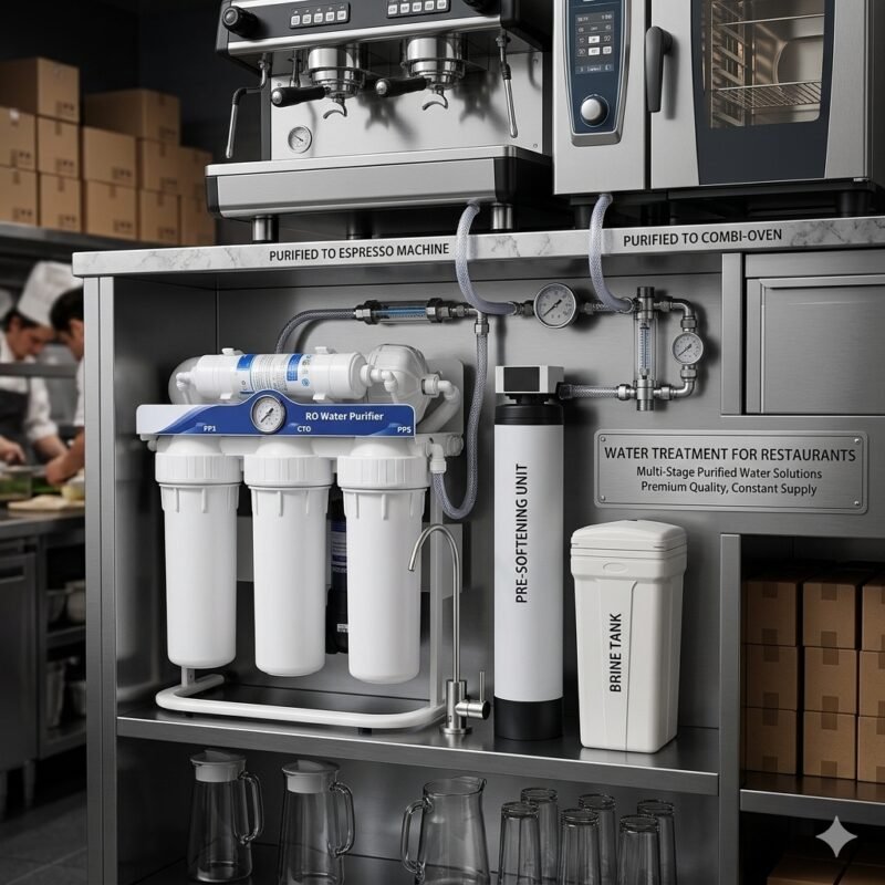 Advanced water treatment for restaurants setup including a 5-stage stand-mounted RO purifier and pre-softening unit with clear labeling for espresso machine and combi-oven water supply.