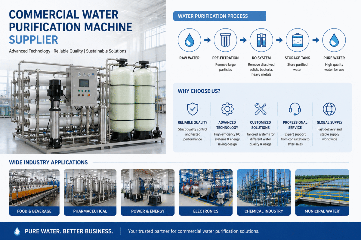 Commercial water purification process infographic showing RO filtration system, purification stages and industrial applications