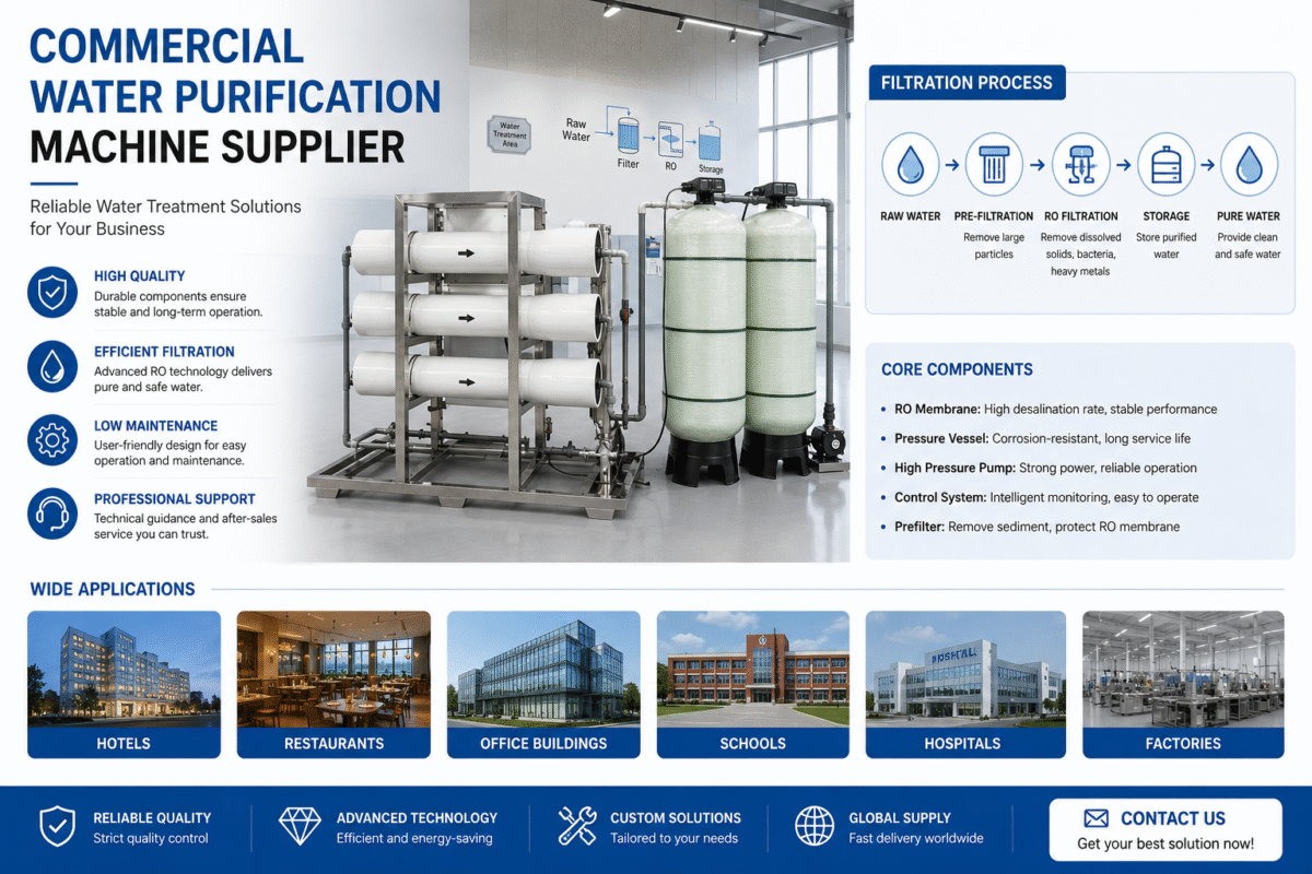 Commercial water purification machine installed in modern industrial facility with reverse osmosis filtration system