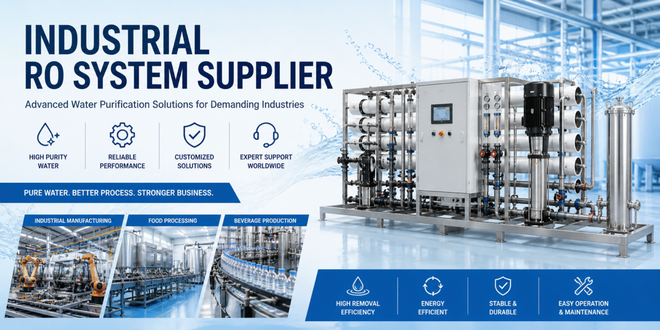 Industrial RO system supplier providing water purification solutions for manufacturing, food processing and beverage production industries