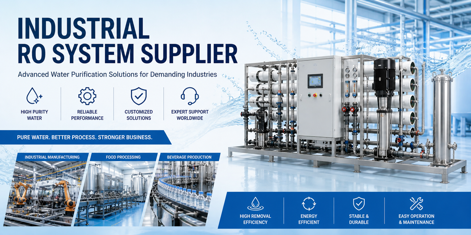 Industrial RO system supplier providing water purification solutions for manufacturing, food processing and beverage production industries