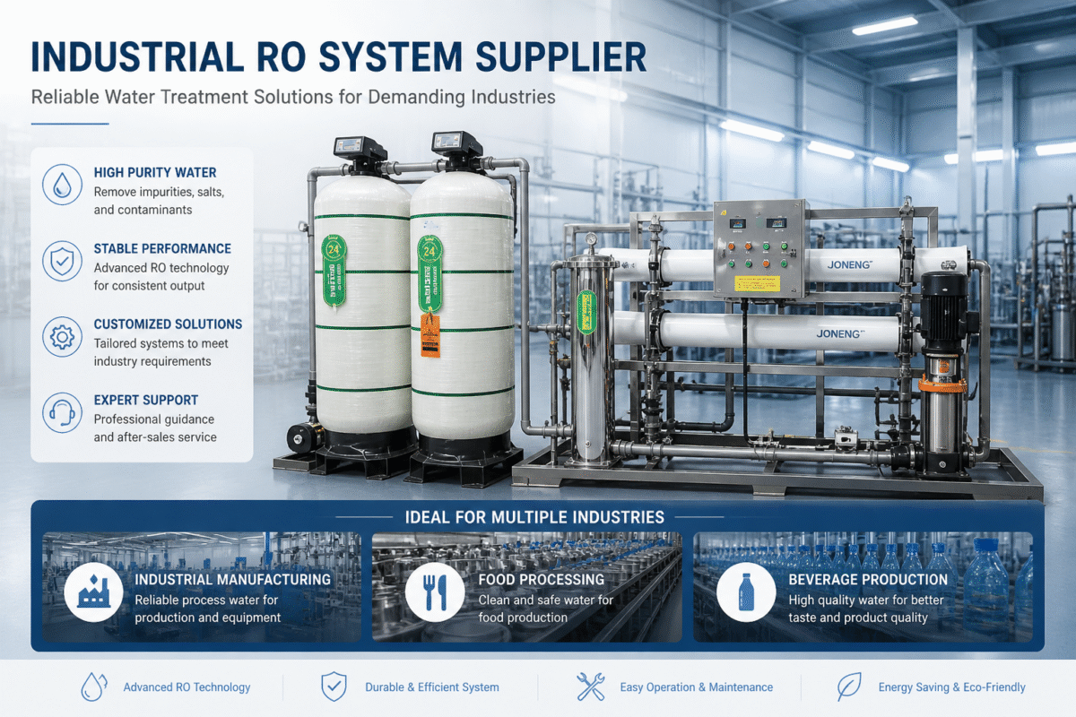 Industrial RO system supplier showcasing reverse osmosis water treatment equipment for manufacturing, food processing and beverage production industries