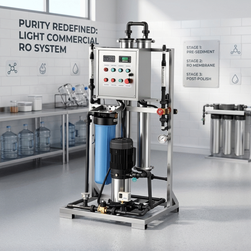 Technical diagram of a light commercial reverse osmosis system showcasing the 3-stage filtration process including PP cotton pre-sediment, RO membrane, and post-polish filters from an expert household water purifier company for commercial use.