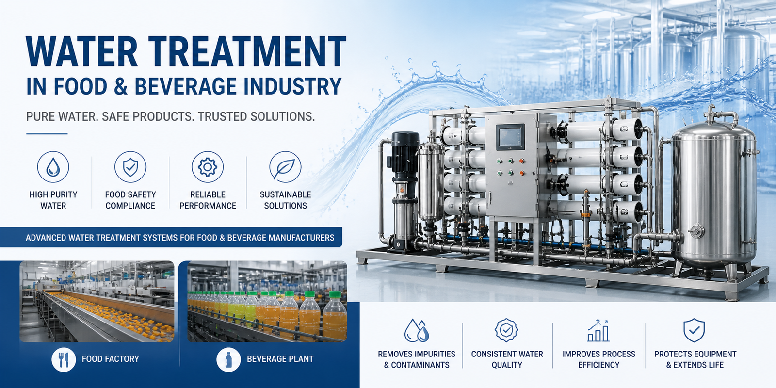 Water treatment in food and beverage industry using industrial RO system for safe and high purity production water