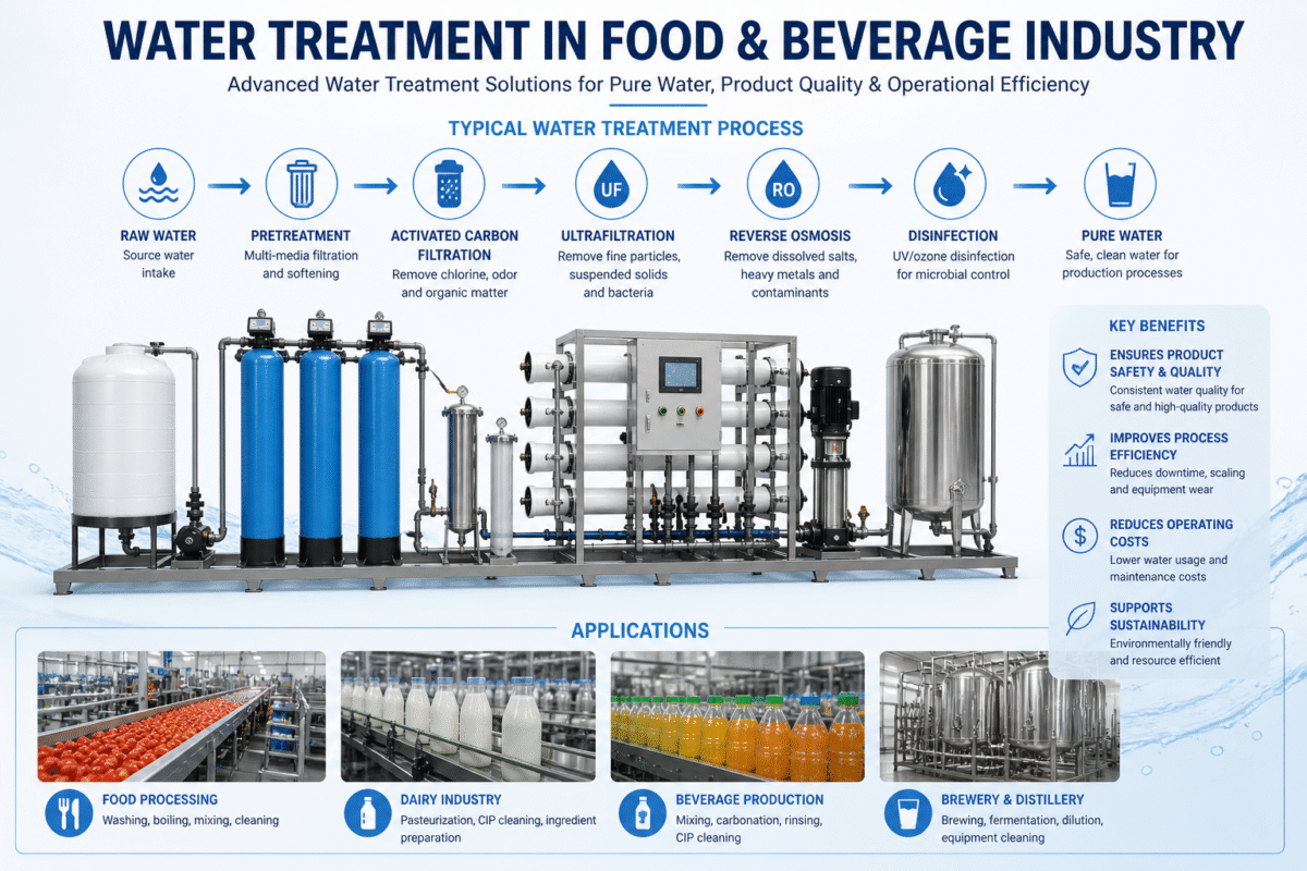 Water treatment process in food and beverage industry including pretreatment, filtration, reverse osmosis and disinfection