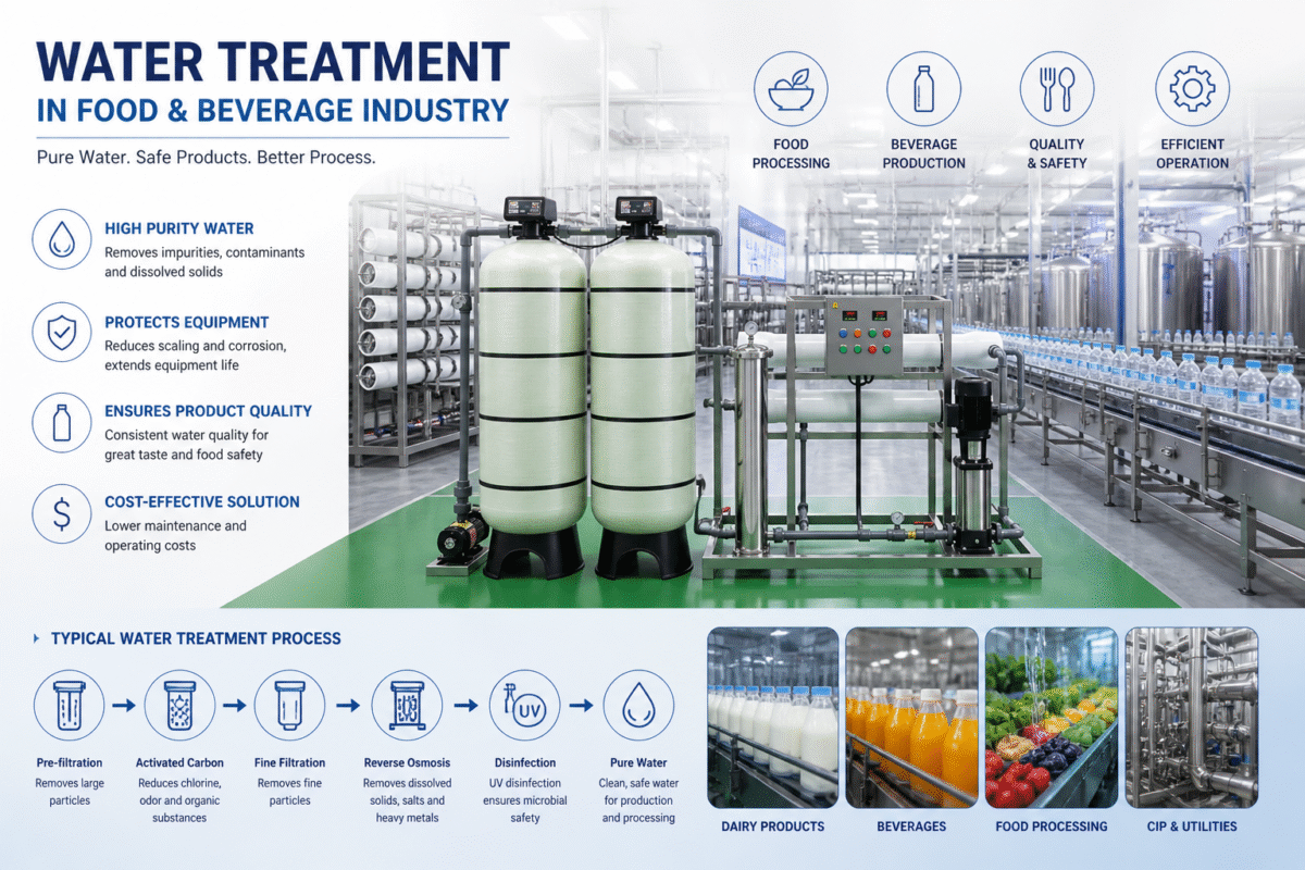 Industrial water treatment system in food and beverage industry with RO equipment installed in beverage production factory